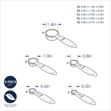 technical drawing for set of 5 Nordic Ware Bundt measuring spoons in red