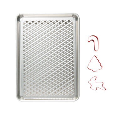 Nordic Ware aluminum half sheet baking pan with multi rack and holiday themed cookie cutters