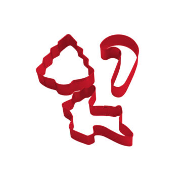 holiday shaped cookie cutters including a christmas tree, reindeer, and candy cane