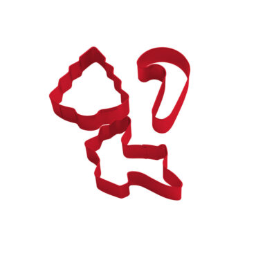holiday shaped cookie cutters including a christmas tree, reindeer, and candy cane