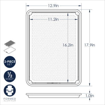 Technical drawing showing dimensions of Nordic Ware aluminum half sheet pan with multi rack measurements