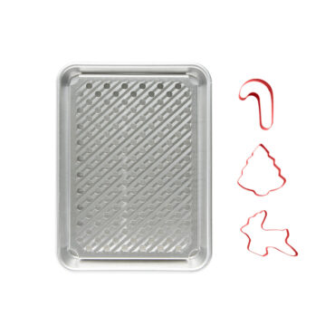 Nordic Ware aluminum quarter sheet baking pan with multi rack and holiday themed cookie cutters