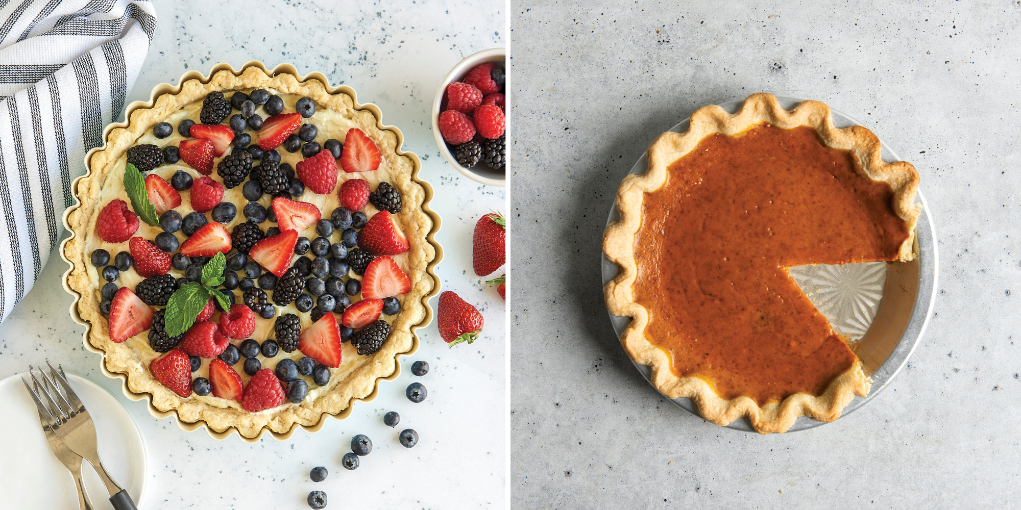 Berry tart in a tart pan on the left and a pumpkin pie in a Naturals® Vintage Starburst 9 Inch Pie Pan on the right