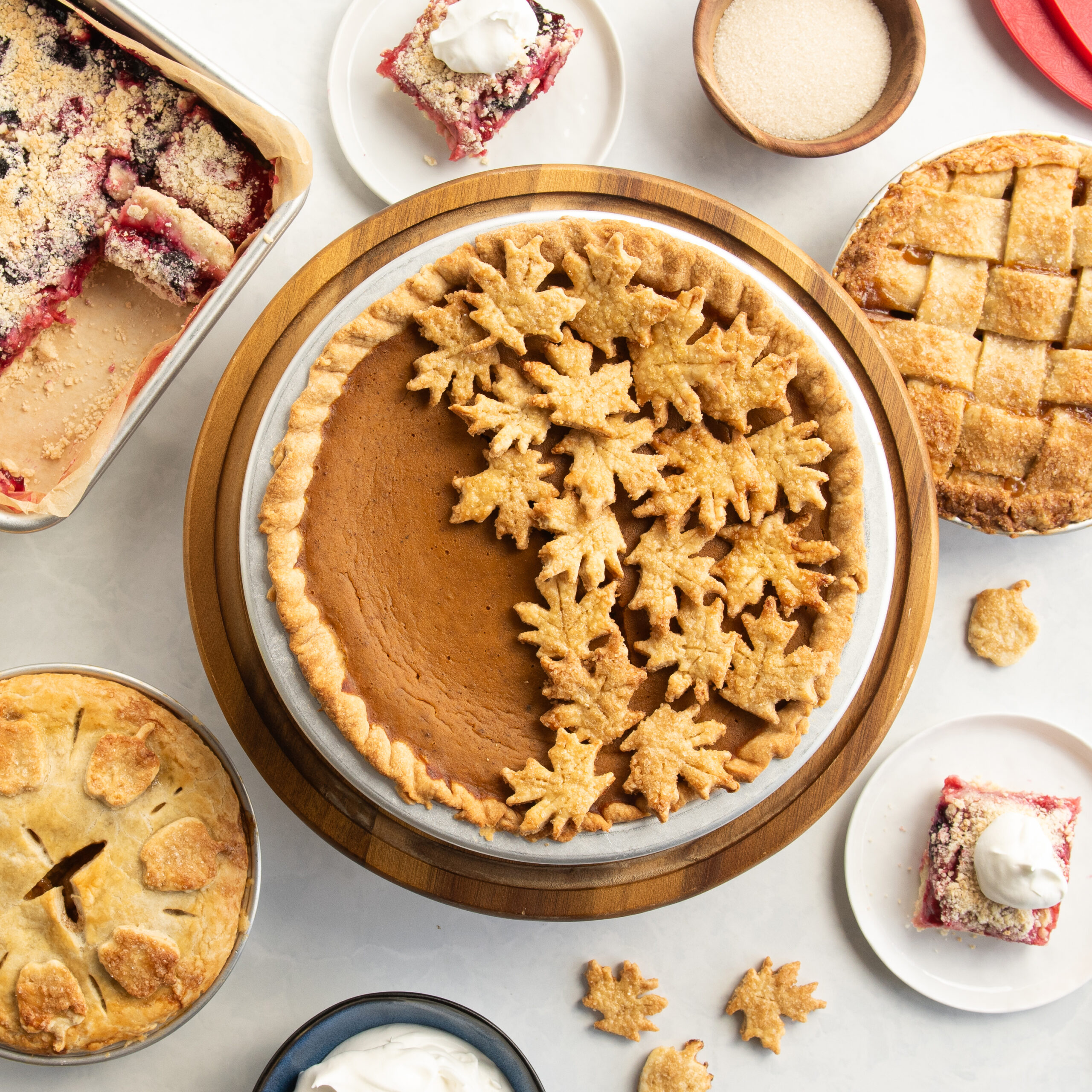 Image of baked Thanksgiving pies in a group scene