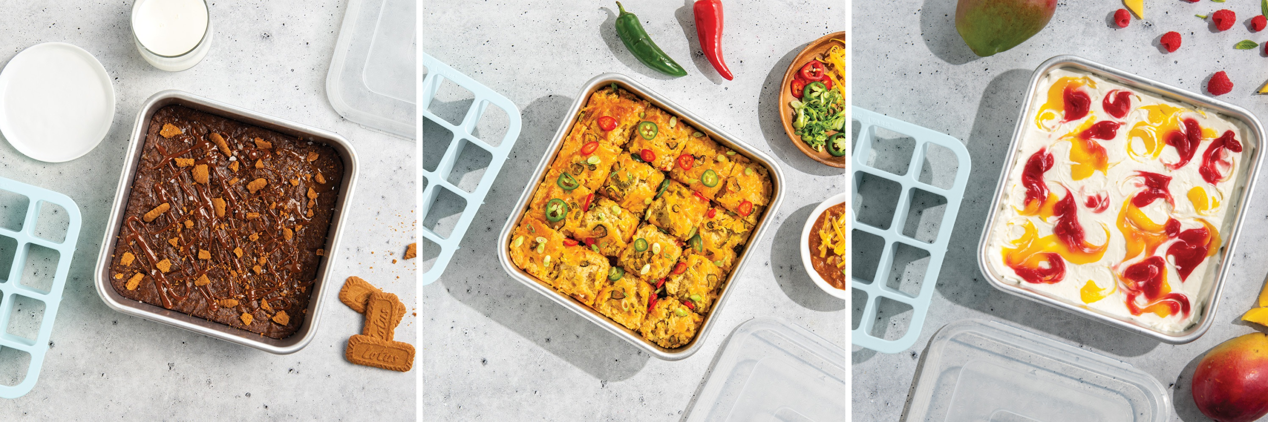 Three different uses for the Brownie Buddy Baking set: brownies, cornbread, and cheesecake bars. 